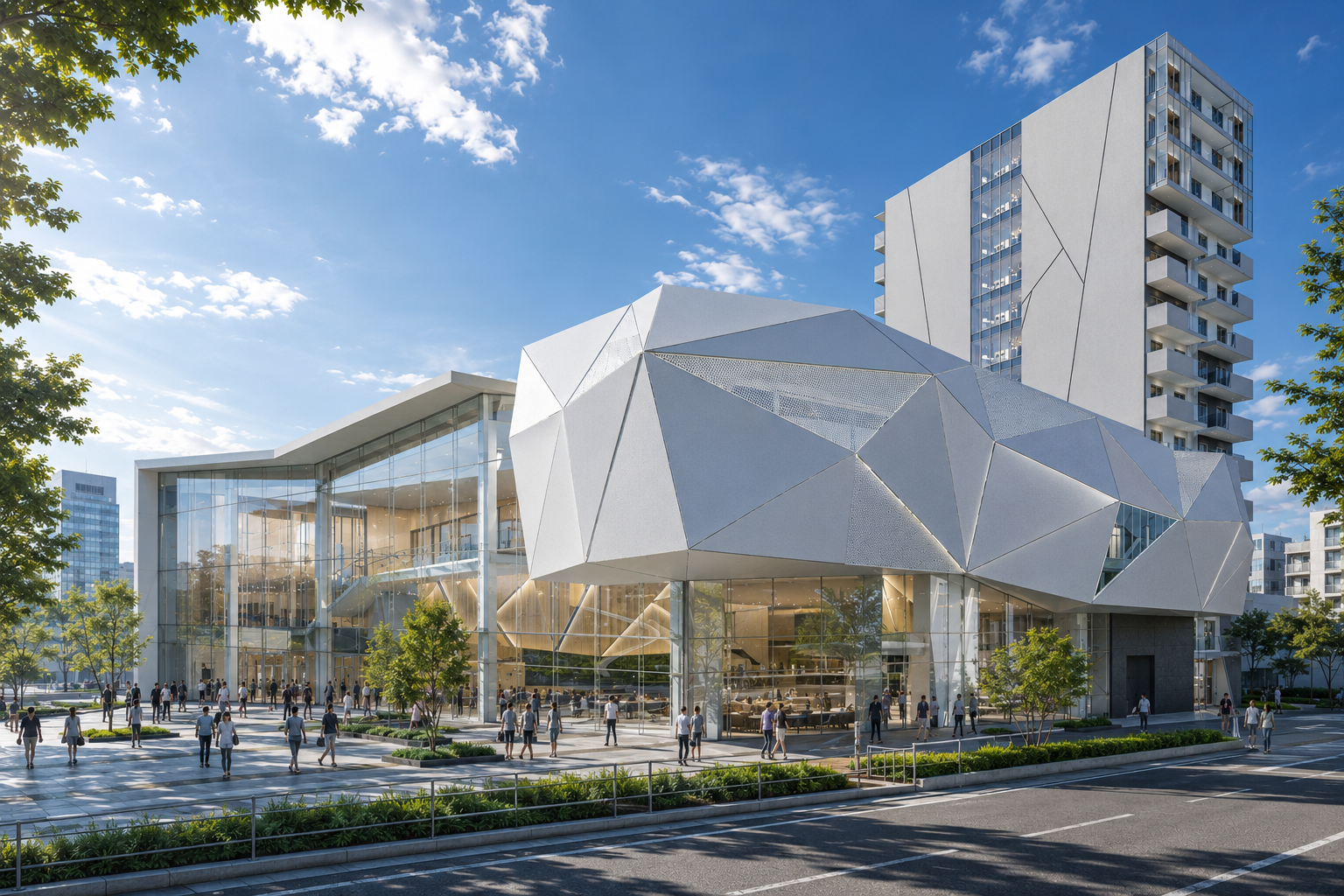天王洲 商業施設 外観 昼景 — 建築CGパース