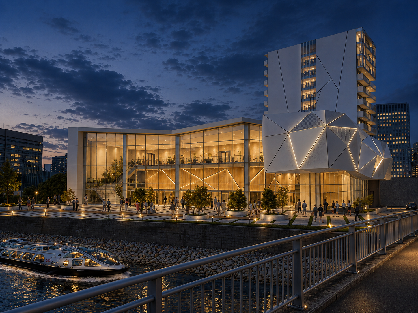 天王洲 商業施設 外観 夜景 — 建築CGパース